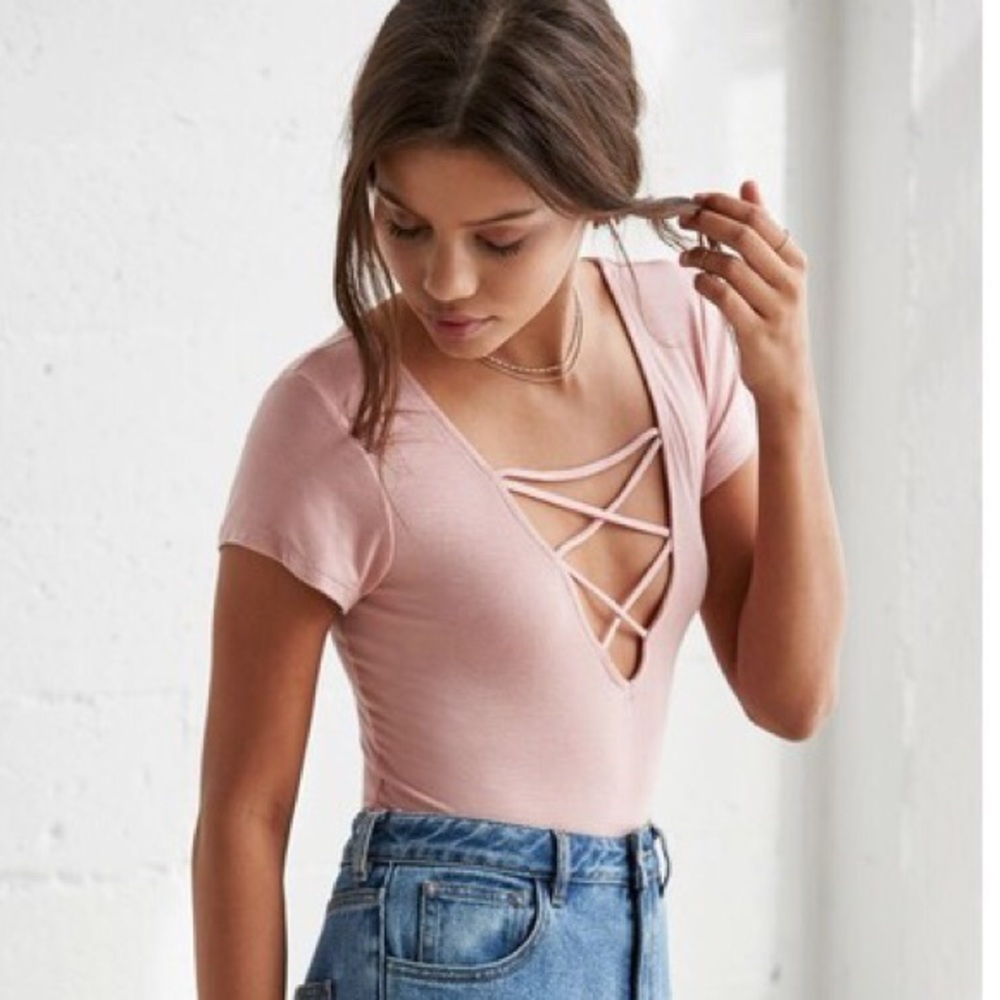 Pink Criss Cross Front Ribbed Tee